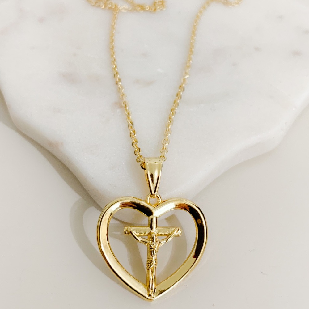 Jesus Heart Cross Necklace | 14k Gold Filled